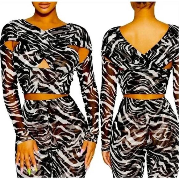 NWT Naked Wardrobe Cutout Wrap Sheer Top in Zebra - Picture 1 of 6
